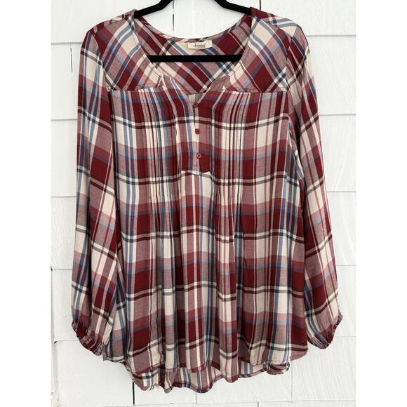 Style & Co Womens L Plaid Peasant Blouse Boho Farmcore Country Chic Folk Rustic - Picture 1 of 8